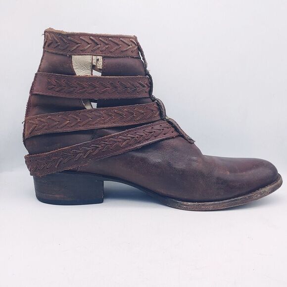 Freebird Women's Almond Toe Braided Buckled Straps Brown Leather Ankle Boots 10 - Picture 8 of 11